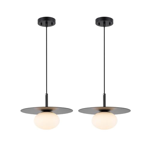 Modern Globe Pendant Lighting Set of 2 Milky White Glass Shade Matte Black Farmhouse Pendant Light 11.81" Dome Industrial Hanging Ceiling Light Fixture Kitchen Island Dinning Room Bedroom (2 Count)