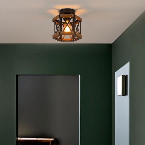 Rustic Farmhouse Wood Flush Mount Ceiling Light Fixture Oak Wood and Metal Hexagon Cage Small Semi Flush Mount Ceiling Light for Kitchen Hallway Entryway Bedroom Farmhouse Country (Small 1 light)