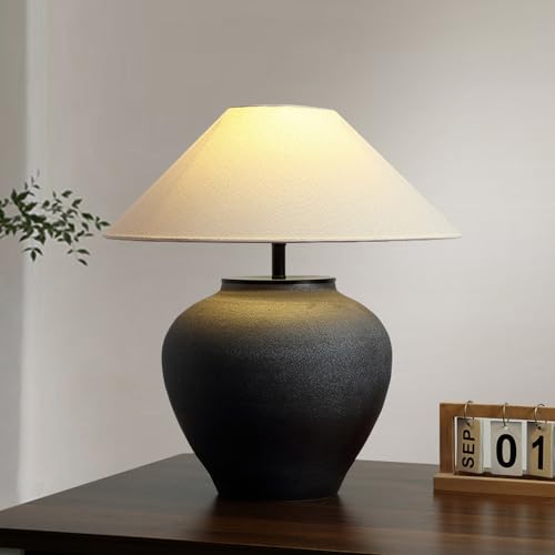 18.8" Black Vintage Distressed Ceramic Pot Table Lamp with Fabric Shade Rustic Farmhouse Table Lamps for Living Room Decorative Bedside Nightstand Lamp for Living Room Hotels Office