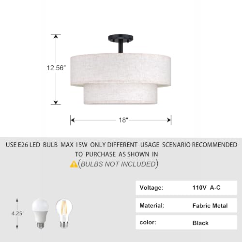 2 Tier 18" Cream Drum Fabric 4 Light Black Semi Flush Mount Ceiling Light for Living Room Dining Room Bedroom Hallway
