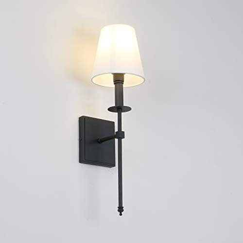 Set of 2 Classic Rustic Industrial Wall Sconce Lighting Fixture with Flared White Textile Lamp Shade and Black Tapered Column Stand (2 Count)