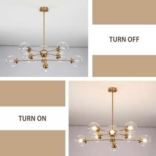 8 Light Modern Brass Gold Sputnik Chandelier with Clear Glass Globe