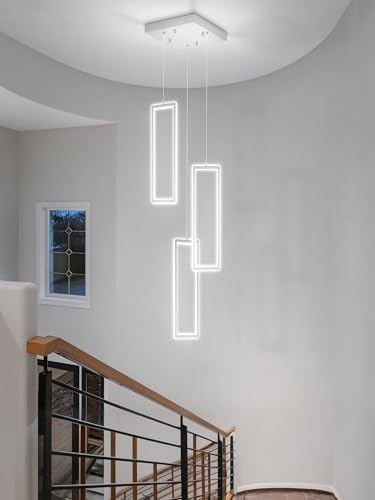 3 Lights Modern Rectangle Chandelier Dimmable Pendant Lighting Adjust LED Staircase Chandelier Hanging Light Fixtures for Kitchen Island Dining Room Entryway Foyer Chrome