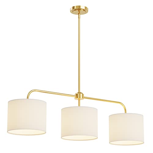 3 Light White Linen Drum Shade Chandelier with Polished Gold Metal Linear Pendant Light Fixture for Kitchen Island