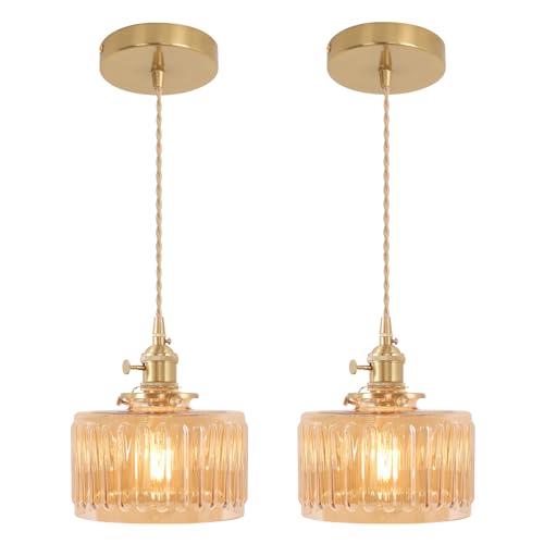 Pendant Light 2 Pack with Amber Striped Glass Lmapshade (2 Count)