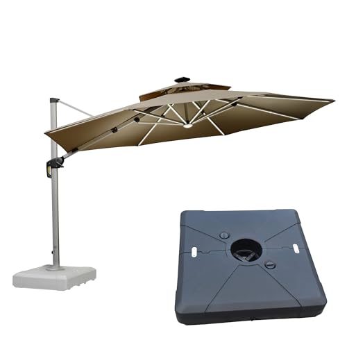 Patio Umbrella with Base 12ft Solar LED Light Double Top