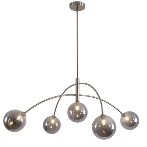 Modern Silver Chandelier 5 Light Smoke Gray Semi Flush Mount Chandelier Vintage Industrial Ceiling Light for Dining Room Kitchen Bedroom Hallway