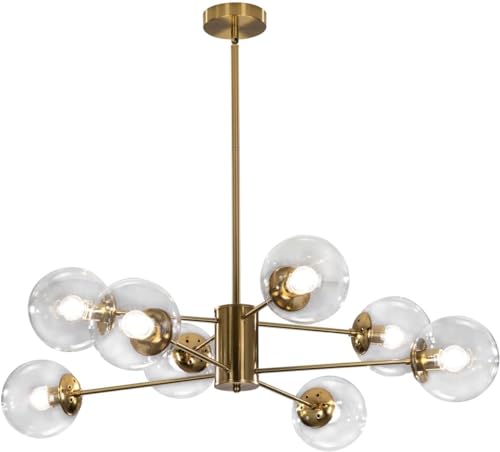 8 Light Modern Brass Gold Sputnik Chandelier with Clear Glass Globe