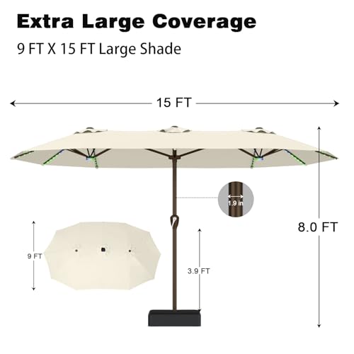15FT Large Rectangular Patio Umbrella with Solar Lights