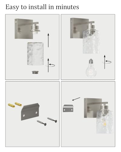 Hammered Glass Wireless Battery Operated Wall Sconces Set of Two Nickel