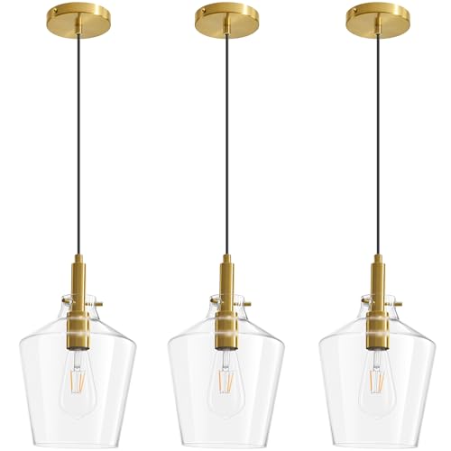 Glass Pendant Lighting for Kitchen Island Entryway 3 Pack Gold Clear 8 Inch (3 Count)
