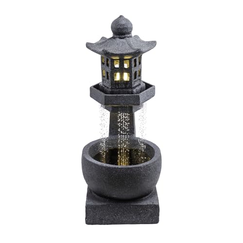 DIG370 31" Outdoor Zen Pagoda Water Fountain with LED Lights & Illuminated Stone Bowl