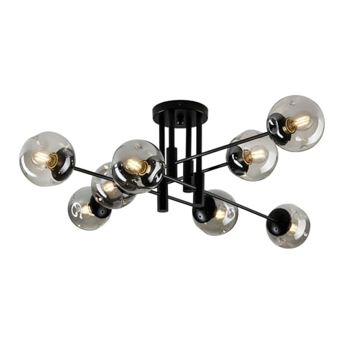 8 Light Sputnik Chandelier with Glass Globe Mid Century Modern Black Ceiling Light Fixture Large Flush Mount Chandelier for Dining Room Bedroom Living Room Kitchen