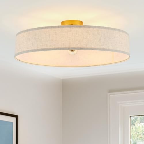 Gold Semi Flush Mount Ceiling Light Fixture 24" Large Modern Ceiling Light with Linen Fabric Drum Shade 5