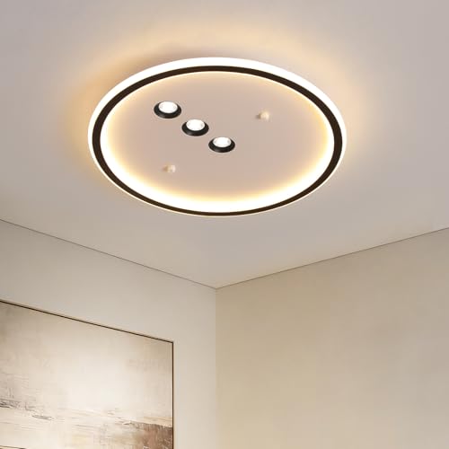 Modern Round LED Flush Mount Ceiling Light with Black Finish & 3 Spotlights