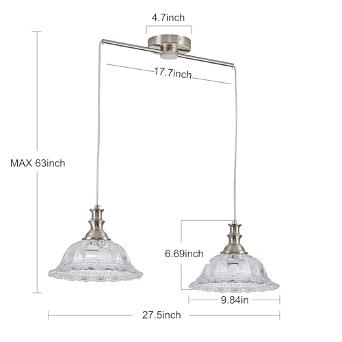 2 Light Pendant Light Fixtures Modern Glass Hanging Lights with Adjustable Cord for Kitchen Island Dining Room Living Room Hallway Brushed Nickel Metal
