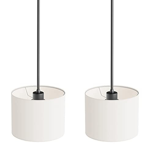 9" Dia White Linen Drum Shade Hanging Pendant Light Fixture with Black Pole Kit (2 Count)