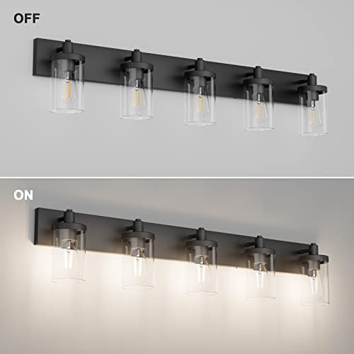 Matte Black Bathroom Vanity Light Fixtures 5 Lights Industrial Lighting Fixtures Over Mirror with Clear Glass Shade