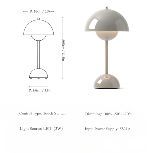 Modern Flower Bud Lamp 12" Cordless Touch Lamp Dimmable 2600mAh Rechargeable Desk Lamp Nordic Minimalist Mushroom Lamp Nightstand Bedside Lamp for Bedroom Living Room