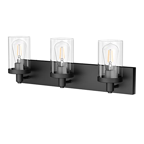 Black Vanity Light for Bathroom 3 Light Farmhouse Bathroom Lights Fixtures Over Mirror with Clear Glass Shade