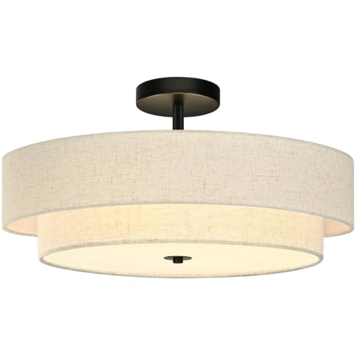 20" Modern 2 Layer Fabric Ceiling Light Black Classic Drum Light Fixture 5