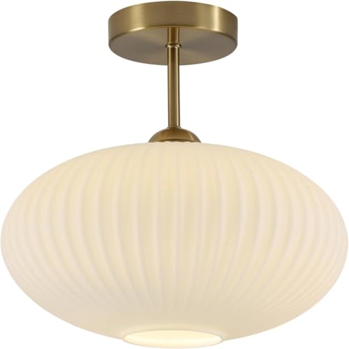 Mid Century Modern Brass Semi Flush Mount Ceiling Light Small Ribbed Milk Glass Flush Mount Ceiling Light Gold and White Flush Mount Light Vintage Hallway Lighting Fixtures