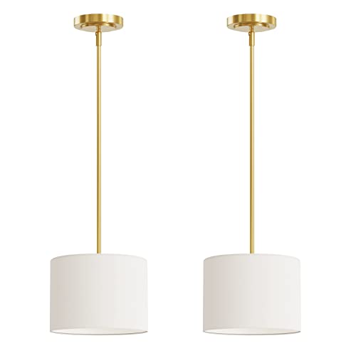 9" Dia White Linen Drum Shade Hanging Pendant Light Fixture with Polished Gold Pole Kit (2 Count)