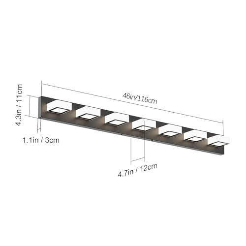 46" LED Matte Black Vanity Lights 7 Lights Acrylic Metal Black Modern Vanity Lights Black Bathroom Lighting Fixtures Over Long Mirror
