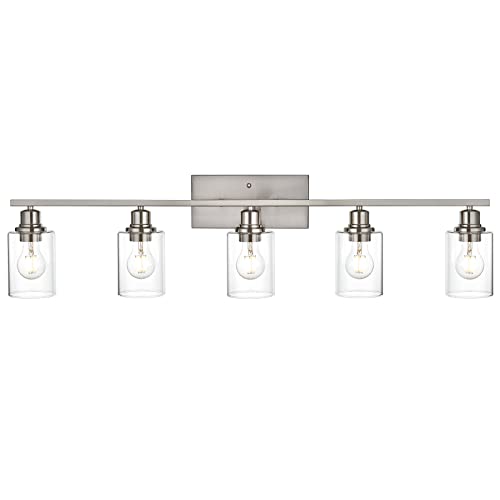 5 Light Bathroom Vanity Light Fixtures in Brushed Nickel Finish Indoor Wall Sconce Lighting Over Mirror with Clear Glass Shade for Living Room (5 Count)
