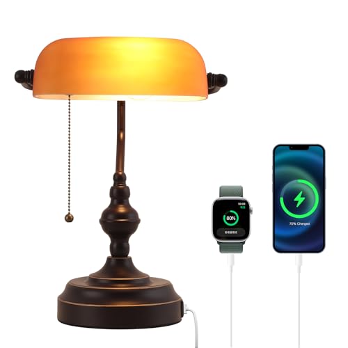 Bankers Desk Lamp with USB A and Type C Charging Port