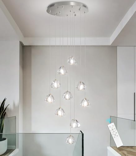 Glam Chandelier with LED Dimmable Bulbs Bubble Crystal Balls Glam Chandeliers High Ceiling Pendants Light Fixtures Adjustable Long Lights Brushed Nickel