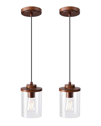 Farmhouse Pendant Light Wood Grain Finish Clear Glass Shade
