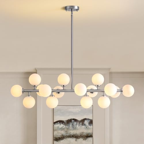 39'' Brushed Nickel and Milky White Mid Century Modern Pendant Lights Dimmable Glass Globe Sputnik Chandelier 16 Lights Linear Chandelier Light Fixtures for Kitchen Island Dining Room