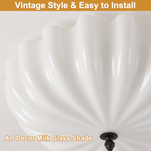 Large 17.7in Milk Glass Ceiling Light Flush Mount Flower 3 (Black & Milk / 17.7in)