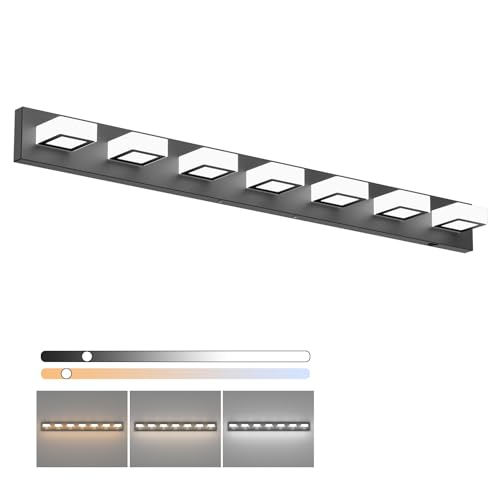 46inch Matte Black Vanity Lights 7 Lights Dimmable 5 Color Temperature Acrylic Modern LED Black Vanity Lighting for Bathroom