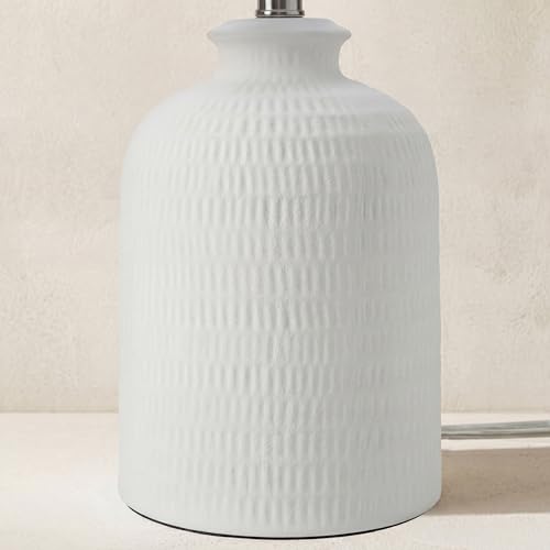 Home 24" White Textured Ceramic Table Lamp with Tan Linen Shade