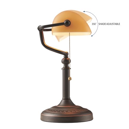 Matted Orange Glass Bankers Desk Lamp with Pull Chain Switch Plug in Fixture
