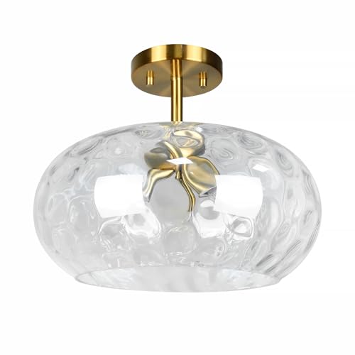 Brass Gold Semi Flush Mount Ceiling Fixture Large Hammered Glass Shade Modern Close to Ceiling Light 14" Art Lampshade for Hallway Foyer Bedroom
