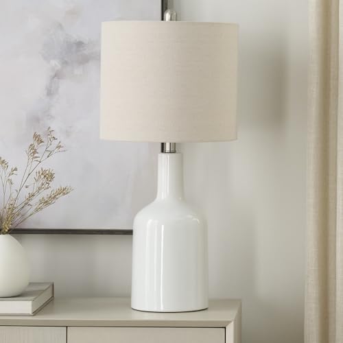 Home 22" White Glossy Ceramic Table Lamp with Oatmeal Linen Shade for Modern Farmhouse