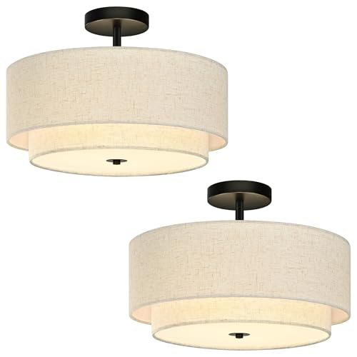 16 Inch 3 Light Semi Flush Mount Ceiling Light Fixture Modern 2 Pack Black Drum Ceiling Light Fixture with 2 (2 Count)