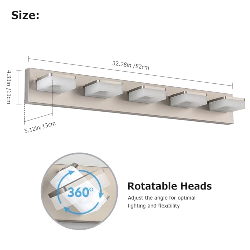 Brushed Nickel Vanity Lights for Bathroom 5 Light Vanity Lighting Fixtures for Mirror 32" Adjustable 5500K Modern LED Vanity Light Over Mirror