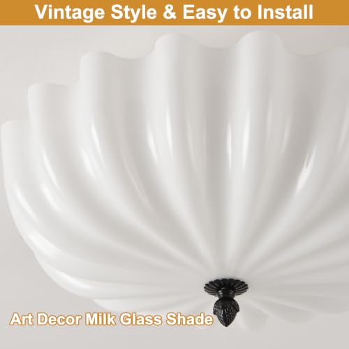15.7in Milk Glass Ceiling Light Flush Mount Flower Shade 3 (Black & Milk / 15.7in)