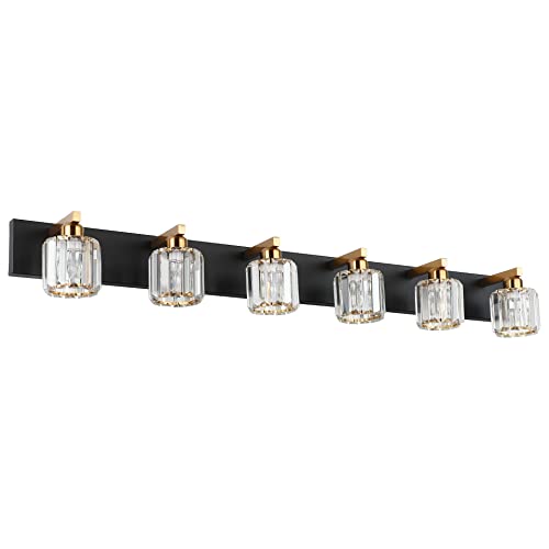 Bathroom Light Fixtures Crystal Vanity Light Black and Gold 6 Lights Vanity Lighting Fixtures