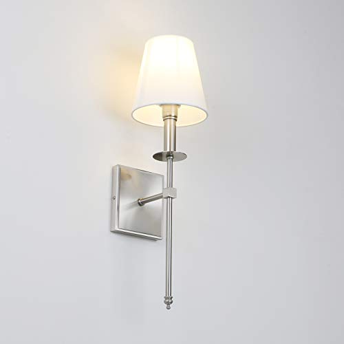 Set of 2 Classic Rustic Industrial Wall Sconce Lighting Fixture with Flared White Textile Lamp Shade and Brushed Tapered Column Stand (2 Count)