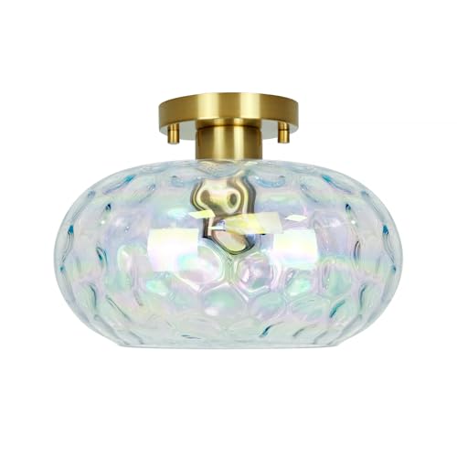 Brass Gold Semi Flush Mount Ceiling Fixture 11" Hammered Glass Shade Modern Close to Ceiling Lighting 1