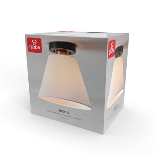1-Light Semi-Flush Mount Ceiling Light, Matte Black with Matte Brass Accent, White Linen Shade, Dimmable, E26 Base, Transitional Style, 66000137
