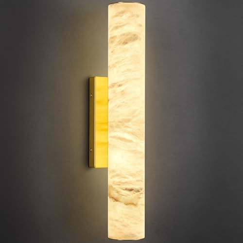 Natural Alabaster Wall Sconces Spanish Marble Wall Light Cylinder Modern Gold LED Sconce for Living Room Bedroom Bathroom Stairs（S