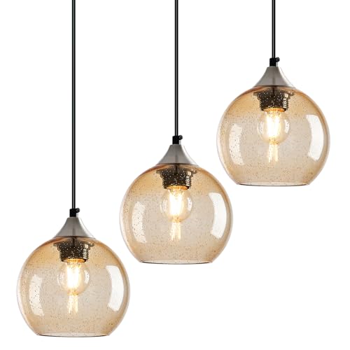 Light Brown Glass Pendant Lights Kitchen Island Globe Pendant Light Fixtures Modern Pendant Lighting for Bedroom Living Dining Room Light Fixture (3 Count)