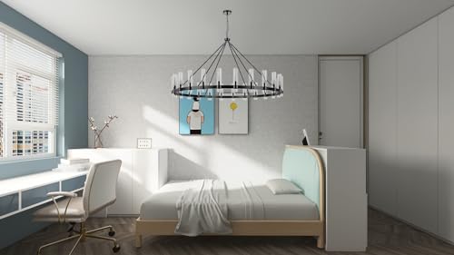 70 Inch Black Wagon Wheel Chandelier with Glass Shade