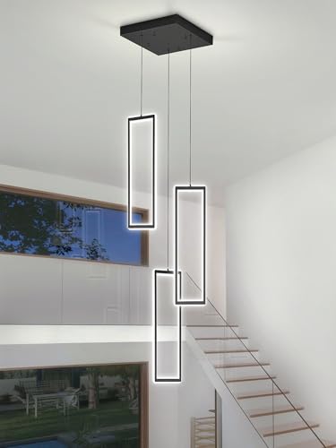 3 Lights Modern Rectangle Chandelier Dimmable Pendant Lighting Adjust LED Staircase Chandelier Hanging Light Fixtures for Kitchen Island Dining Room Entryway Foyer Black